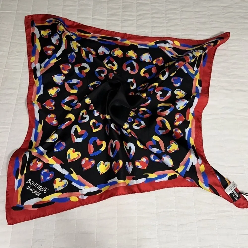 MOSCHINO Red Multicolored Hearts Silk Square Scarf